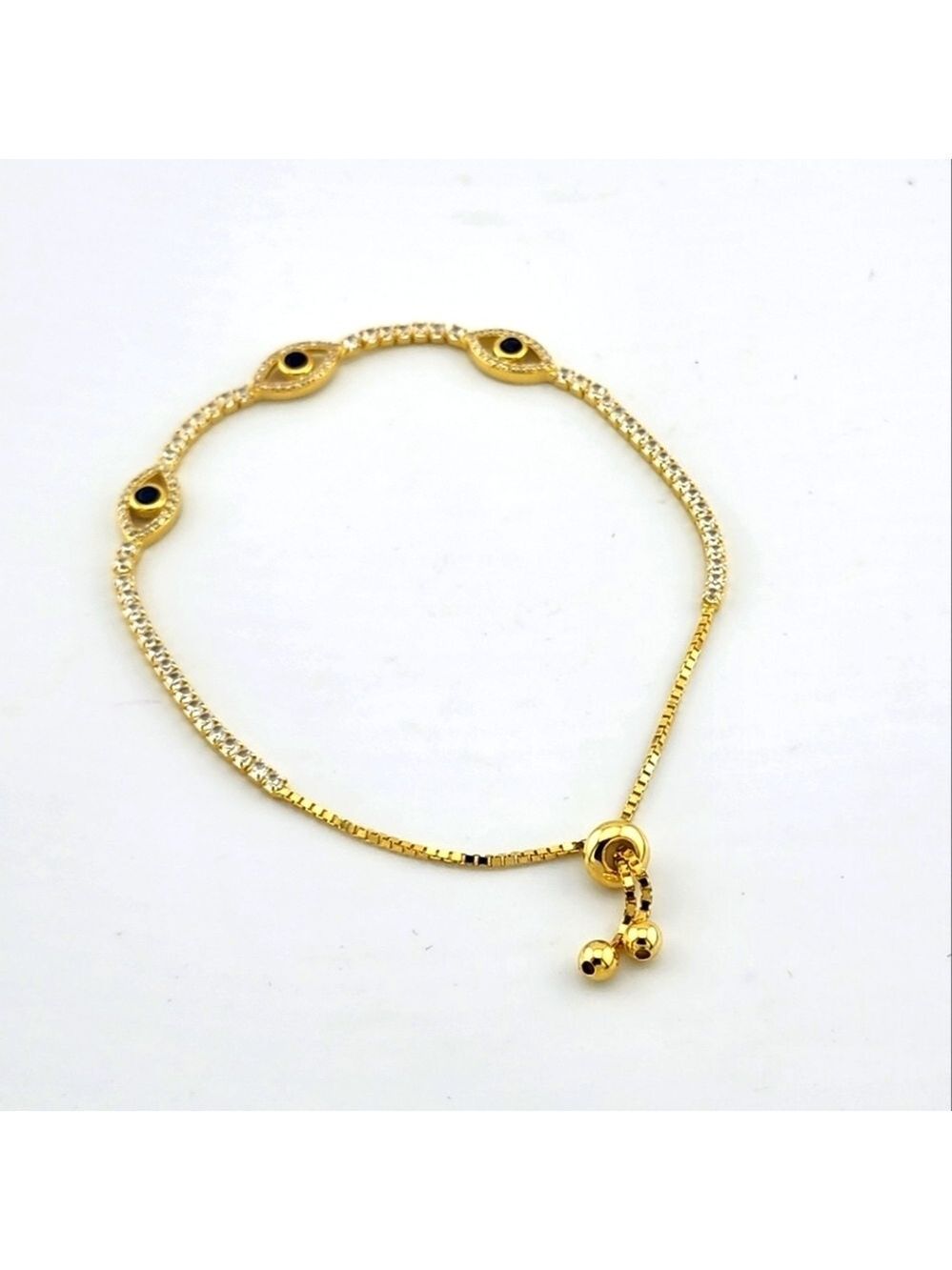 Elegant EVIL Eye Gold Tone Adjustable Bracelet with Blue Stones Stamped 925